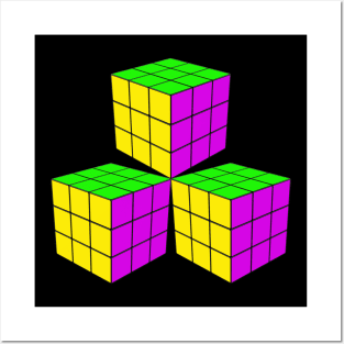 Three Rubik Cubes in a Triangle - Yellow, Green and Pink Posters and Art